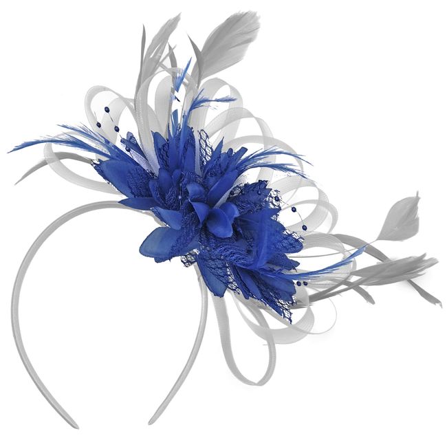 Caprilite Fashion Silver and Royal Blue Net Hoop Feather Hair Fascinator Headband Wedding Royal Ascot Races