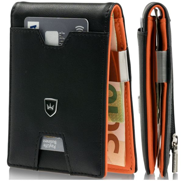 Kronenschein Premium Herren Geldbörse mit Geldklammer Portemonnaie Männer Geldbeutel Slim Wallet Portmonee RFID Brieftasche Kreditkartenetui Kartenetui (Black - Orange)