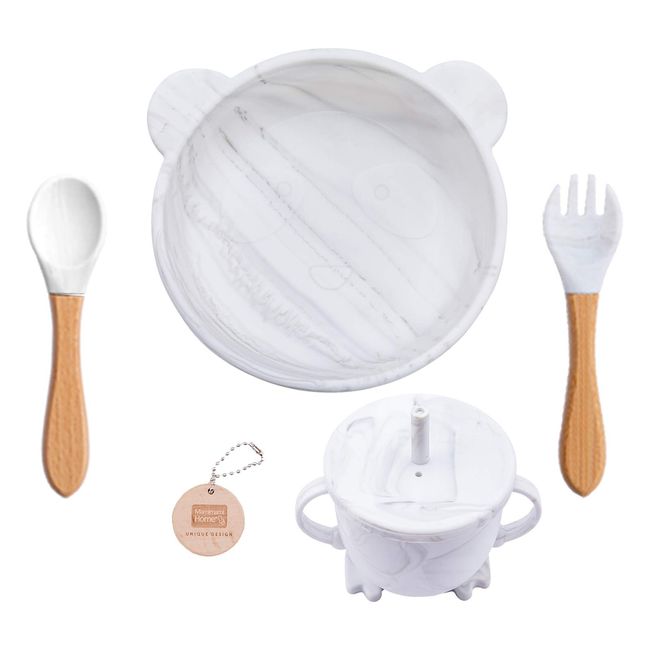 Mamimami Home Baby Tableware Gift Set with Suction Cup,Baby Food,Tableware Panda Marble White,Prevent Flipping for Baby,Children,Stick,Bowl,Spoon,Fork,Microwave Safe Dishwasher Safe Silicone Anti-Slip