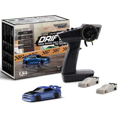 FLYCOLOR Turbo Racing 1:76 Scale Drift RC Car with Gyro Mini Full Proportional RTR 2.4GHZ Remote Control with 2 Replaceable Body Shell (C64-BLUE)