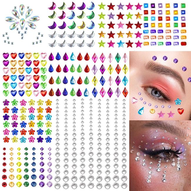 10 Sheets Gems Stickers, Eye Body Face Gems Jewels for Makeup Self Adhesive Crystal Rainbow Rhinestones for DIY Craft Nail Body Makeup Festival