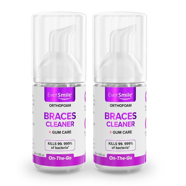 OrthoFoam Braces Cleaner - Cleans Under Metal, Ceramic or Clear Brackets & Wires. Can Brush or Rinse with & Use in Trays. Foaming Bubbles Whiten Teeth & Fight Plaque (2 Pack - 25 ml)