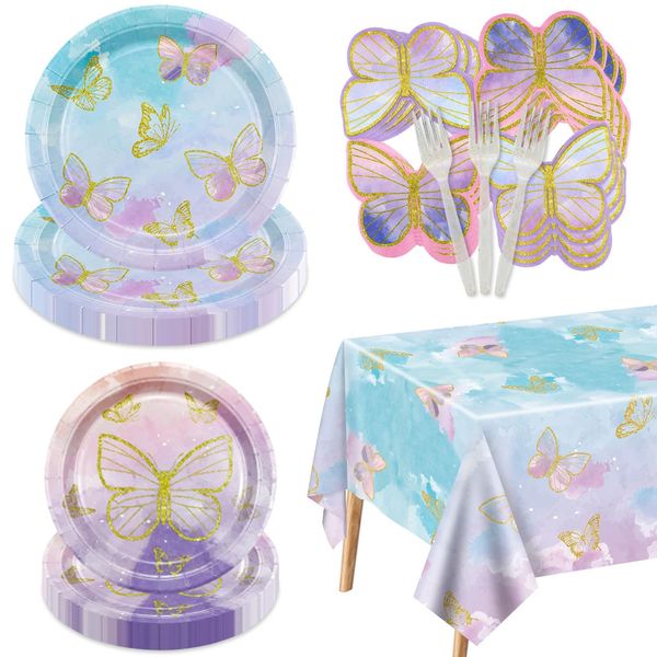 81 Pieces Butterfly Birthday Decorations - Butterfly Paper Plates, Napkins and Tablecloth for Fairy Birthday Decorations Butterfly Birthday Party Supplies, Serve 20