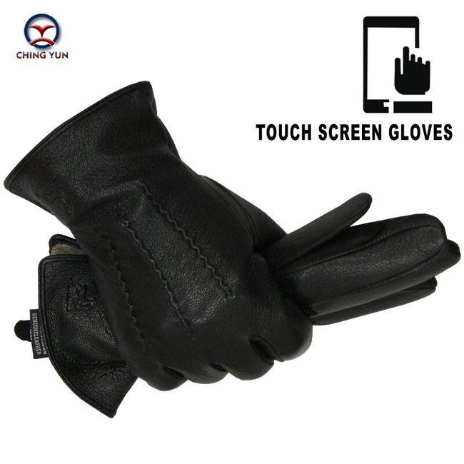 Winter Mens Black Deerskin Genuine Leather Touch Screen Gloves