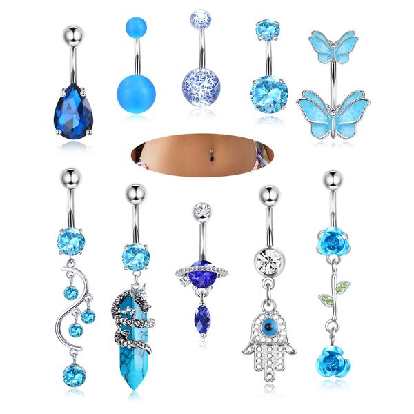 LOLIAS 10Pcs Belly Button Rings Surgical Stainless Steel Belly Rings CZ Heart Dragon Butterfly Dangle Belly Button Rings for Women Navel Belly Barbell Piercing Jewelry Blue