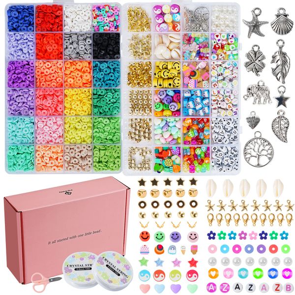 FS Pro 6000 Pcs Clay Beads for Bracelet Making, 24 Colors Flat Round Polymer Clay Beads 6mm Spacer Heishi Beads with Pendant Charms Kit and Elastic Strings for Jewellery Making Kit Bracelets Necklace