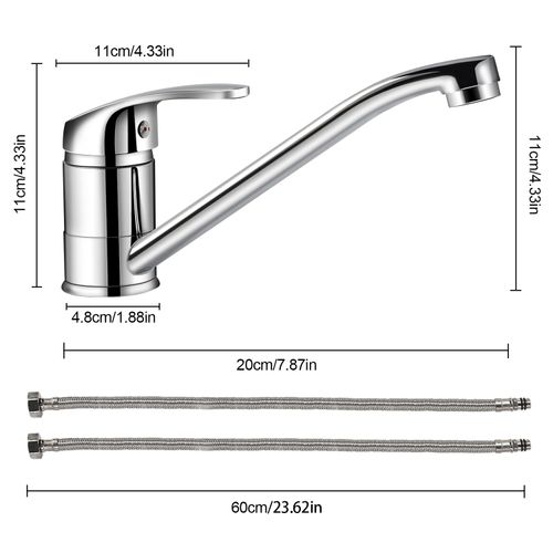 Kitchen Sink Mixer Tap, Single Top Lever Swivel Long Spout Monobloc Hot and Cold Water Kitchen Faucet Chrome Kitchen Tap with 2 Hoses