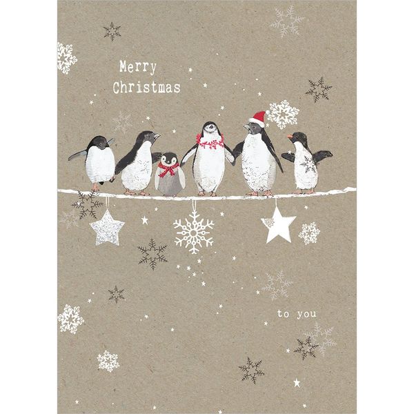 Tree-Free Greetings Holiday Greeting Cards, Penguin Merry Christmas, Vintage Brown Recycled Paper, Boxed Note Card Set, 10-Pack (HB93309)