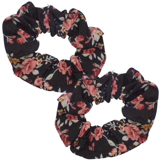 Topkids Accessories Set of 2 Floral Cotton Scrunchies for Girls & Women, Hair Accessories for Ladies & Girls, Hair Bobble, Hair Band Scrunchie (Black w/Pink Floral)