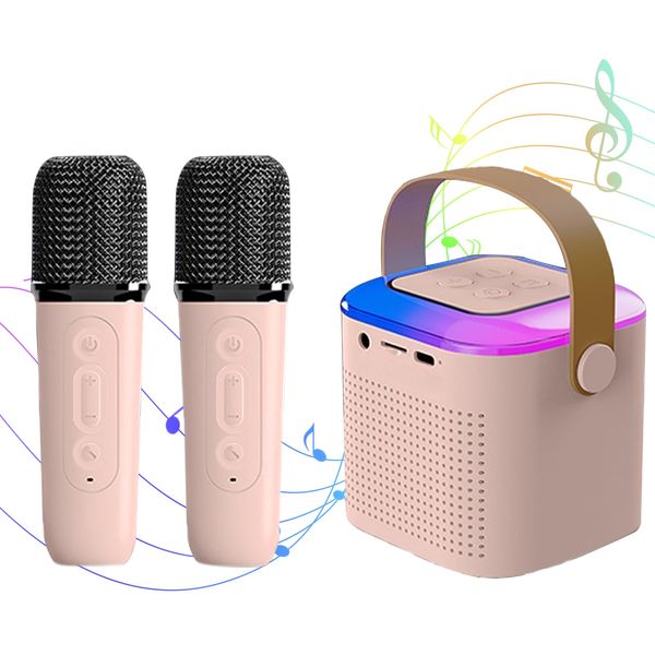 Karaoke Machine for Kids and Adults, Mini Karaoke Bluetooth Microphone Singing Speaker with 2 Wireless Microphones and 7 Color Lights, Toys for All Smartphones, Birthday, Home, Family Party (Pink)