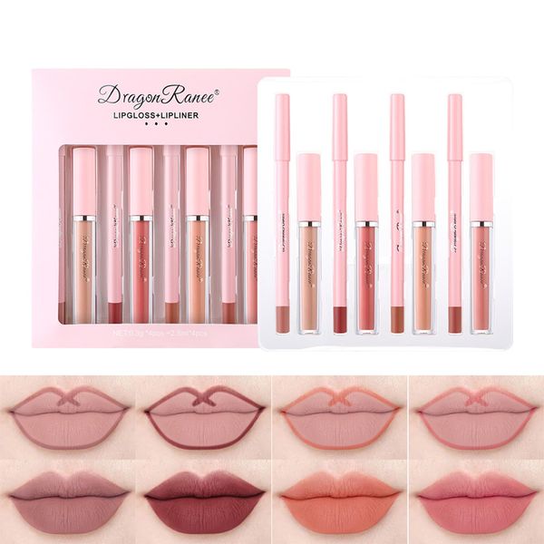 Pure Vie Nude Rossetto Lunga Durata, 4PCS Matte Rossetti con 4 Matite Labbra Lucidalabbra Lip Gloss Lmpermeabile Professionale Makeup Lipstick Lipliner Tinte Set Make up per Ragazza Donna Regalo