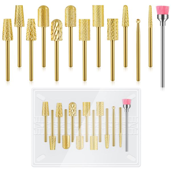 Depvko 13Pcs Nail Drill Bits Set, Tungsten Carbide Drill Bits for Nails, Cuticle Nail Drill Bits for Acrylic Nails Remover Bits for Manicure Pedicure, Home Salon (Gold)