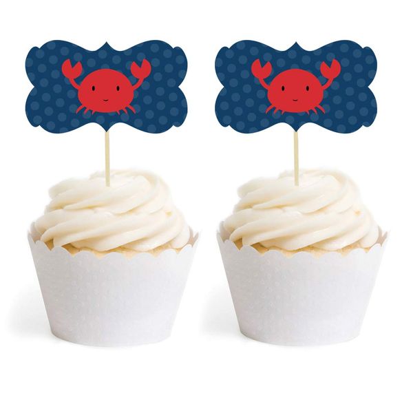 Andaz Press Birthday Cupcake Toppers DIY Party Favors Kit, Nautical Crab, Double-Sided, 18-Pack