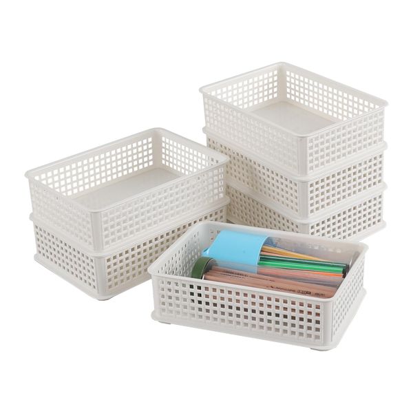 Bblina 6 Packs Plastic Stackable Basket, Small Storage Basket Trays, White