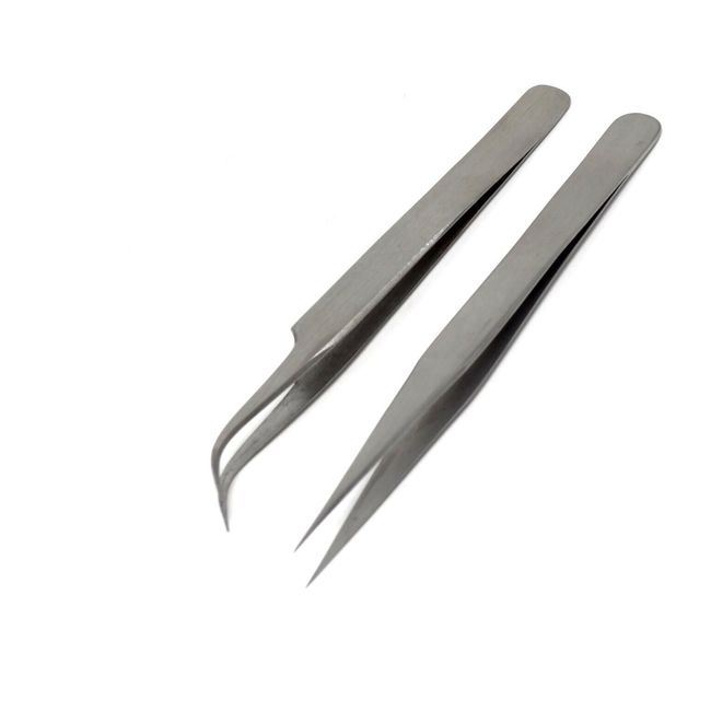 2 PCS Eyelash Extension Tweezers Straight & Curved Stainless Steel Set