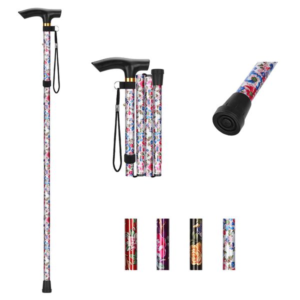 YF Foldable Walking Canes for Women, Adjustable Folding Walking Stick for Ladies, Lightweight Cane for Travel, Balancing Mobility Aid for Seniors with Wrist Strap and T Handle, White Floral