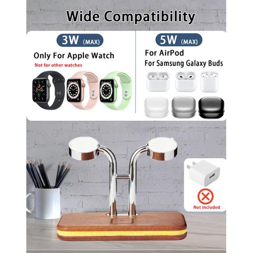 Dual Watch Charger Stand for Apple Watch,3 Color LED Night Light,iWatch Charger Fast Charging for Apple Watch Series 10 9 8 7 6 5 4 3 2 1 Se Se2 Ultra Ultra 2,Air Pod 4 3 2,Wood Watch Charging Station
