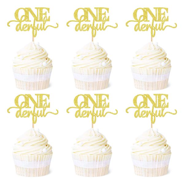 Ercadio 24 Pack Onederful Cupcake Toppers Gold Glitter Onederful Cupcake Picks Onederful Cupcake Decorations for Baby Shower Kids first Birthday Theme Party Cake Decoration Supplies