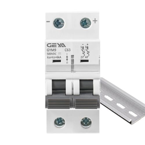 GEYA DC Miniature Circuit Breaker, 2 Pole 500V 63 Amp DC Disconnect Switch, Isolator for Solar PV System,Thermal Magnetic Trip, DIN Rail Mount (GYM9DC-2P-C63)