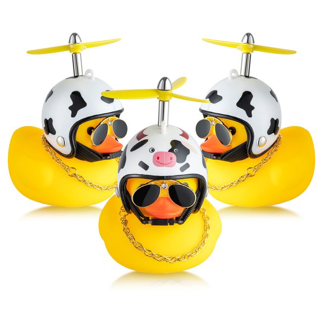 Haooryx 3 Pack Cow Print Rubber Duck Toys Car Ornaments, Farm Animal Theme Yellow Ducks Car Dashboard Decorations Black White Cow Print Helmet Duck with Propeller Squeak Toys Gift for Kids Adult