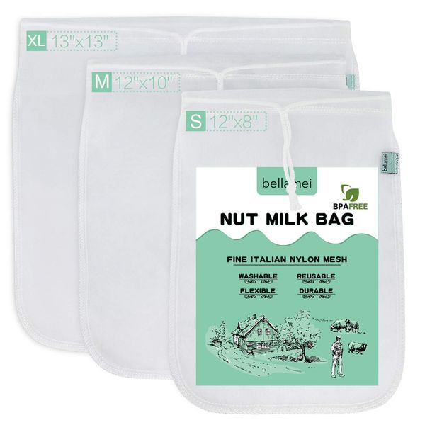 Bellamei Nut Milk Bag Reusable Food Strainer Nut Bags for Straining Almond/Soy Milk Greek Yogurt Professional for Cold Brew Coffee Tea Beer Celery Juice Fine Nylon Mesh(3 pack-8"x12"/10"x12"/13"x13")