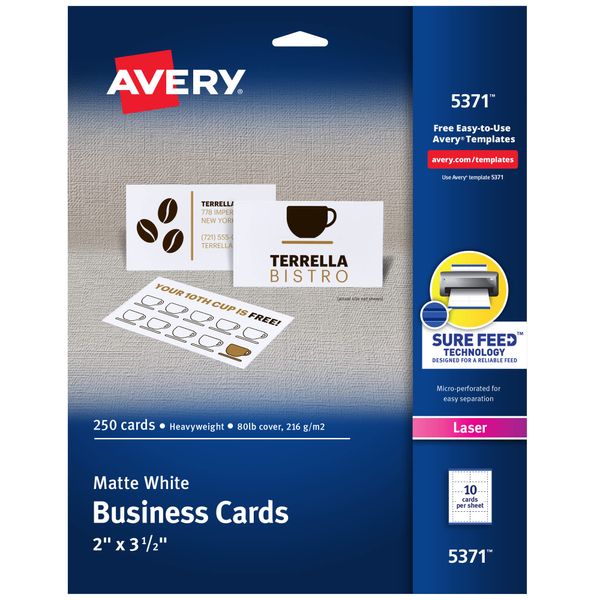 Avery Printable Business Cards with Sure Feed Technology, 2" x 3.5", White, 250 Blank Cards for Laser Printers (05371)