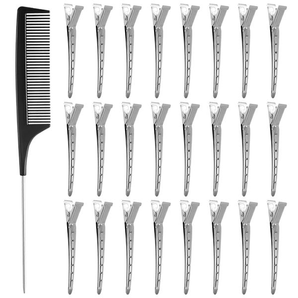 24 Stück 3,5 Zoll EnteBill Haarspangen Haarclips Sektionsclips Friseurbedarf Metall Alligator Clips Friseurzubehör Stahl Haarspangen Segmentierte Clip Lockenclips mit Löchern Mit Kamm (Silber)