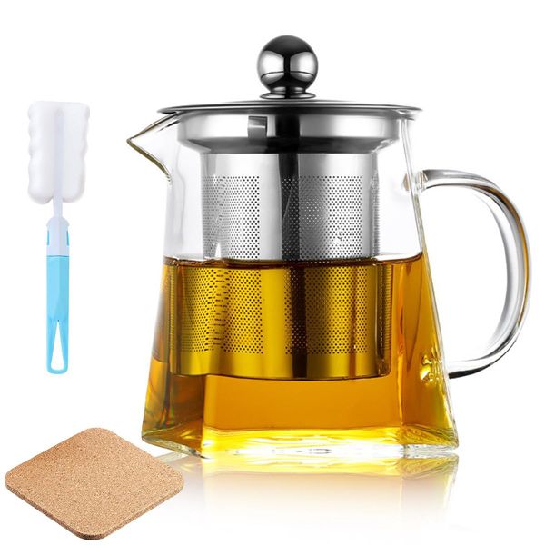 950ml Square Glass Teapot with Infuser, Borosilicate Tea Pot with Strainer, Cleaning Brush and Cork Coasters, Tea Pots for Blooming Tea, Loose Tea