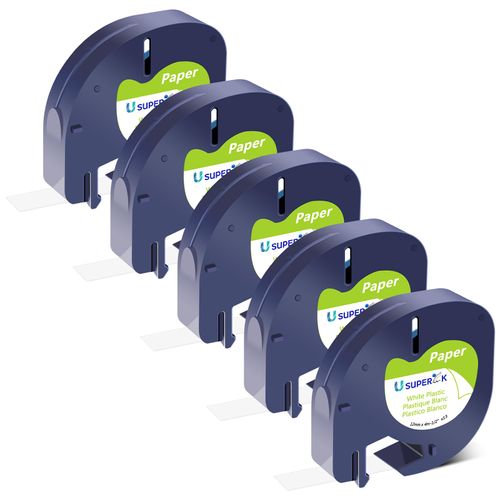 USUPERINK 5 Pack Black on White Paper Tape Compatible for Dymo LetraTag Label Maker Refills 91330 White Paper Label Maker Tape 12mm x 4m (1/2" x 13') for Dymo Letratag LT100H LT100T 200B