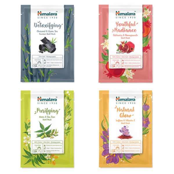 Himalaya Face Sheet Masks Discovery Collection, Variation Pack of Single Use Cotton Facial Sheet Masks, with Hyaluronic Acid for Intense Hydration, Mix SET of 4 Pcs