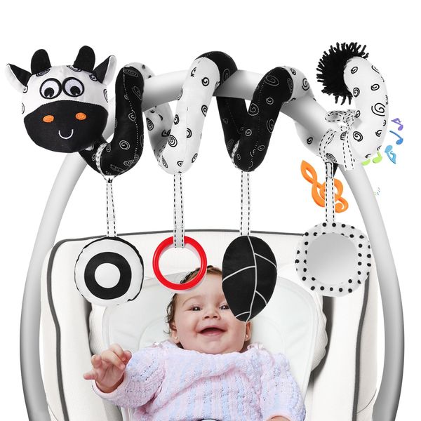 FATI Spiral Black and White Baby Car Seat Toys, High Contrast Toy Hanging Toys for Carseat Activity Toys, Newborn Plush Stroller Toys for 0 3 6 9 12 Months Boys Girls Sensory Development Ideal Gift