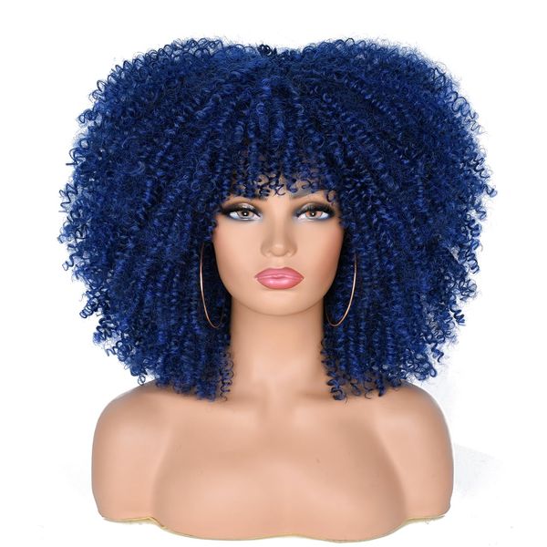 ISAMY 14inch Afro Bomb Curly Wigs for Black Women Short Afro Kinky Curly Wig with Bangs Full Curly Wig (Blue)