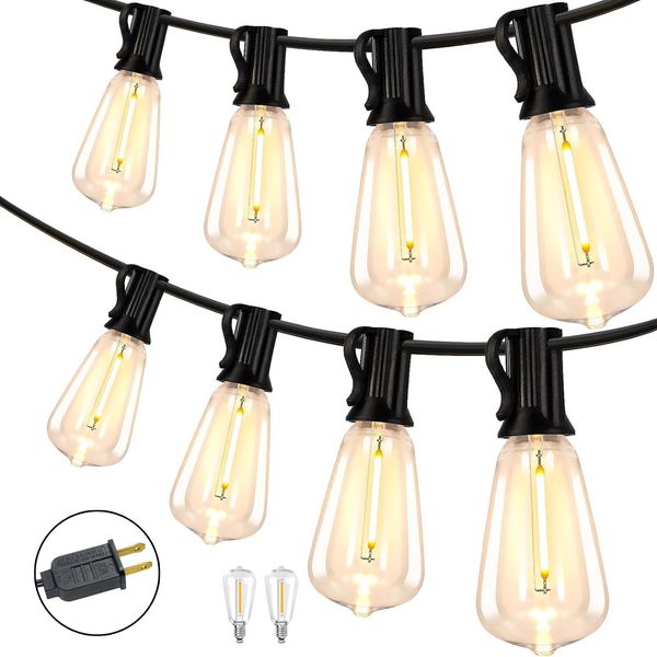 50FT ST38 LED String Lights Outdoor Plug In 25+2Bulbs 2700K Warm White 120V E12