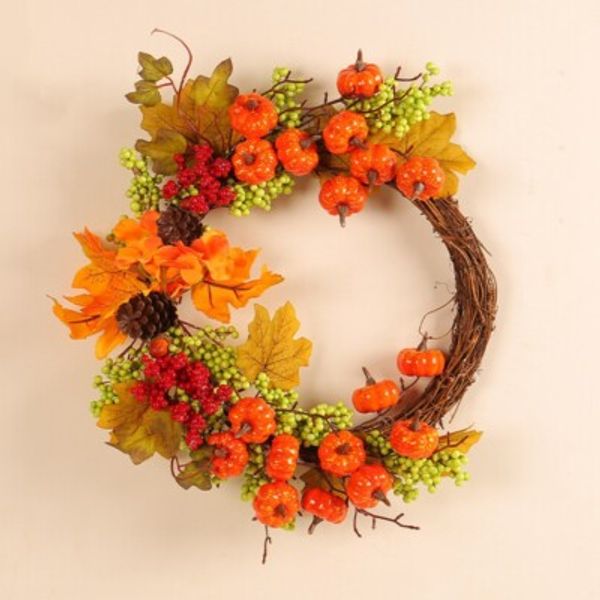 Artificial Autumn Fall Wreath for Front Door or Porch, Pumpkin