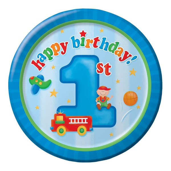Creative Converting Fun at One Happy First Birthday Boy Round Dinner Plates, Boy, 8 Count