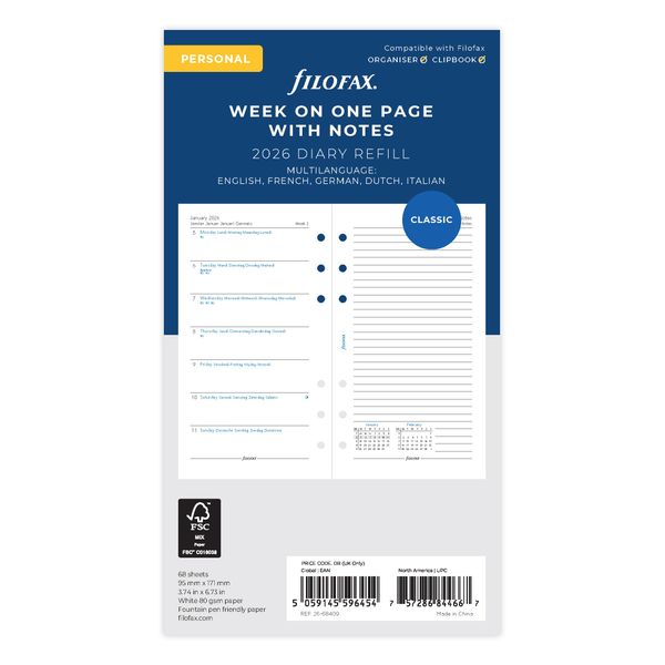 Filofax Personal week per page with notes 5 language 2026 diary 26-68409
