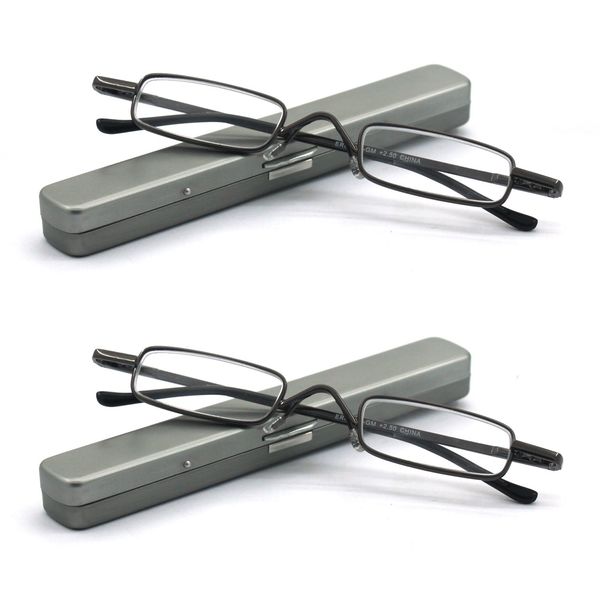 EYE ZOOM 2 Pack Metal Super Light Mini Reading Glasses with Compact Case, Gunmetal, 2.00