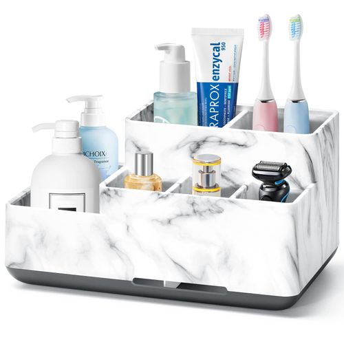 Toothbrush Holders for Bathrooms, Plastic Bathroom Countertop Organizer Compartment, Vanity Organizer Tray,Countertop Organizer Box, Kids Desk Organizers and Storage,White Marble Pattern