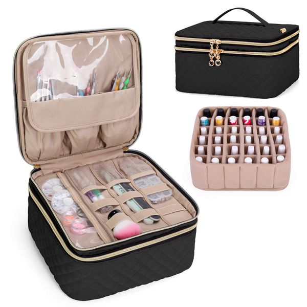 Yarwo Manicure Storage Case for 36 Bottles, Double Layer Nail Supplies, Nail Color, Nail Polish Storage (Bag Only), Black