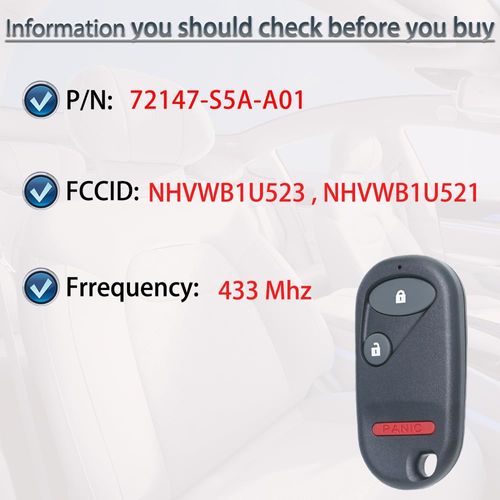 Key Fob Keyless Entry Fits for 2001 2002 2003 2004 2005 Honda Civic EX LX DX / 2003 2004 2005 2006 2007 Honda Pilot Remote Control Replacement FCC ID:NHVWB1U523, NHVWB1U521 72147-S5A-A01 3 Buttons