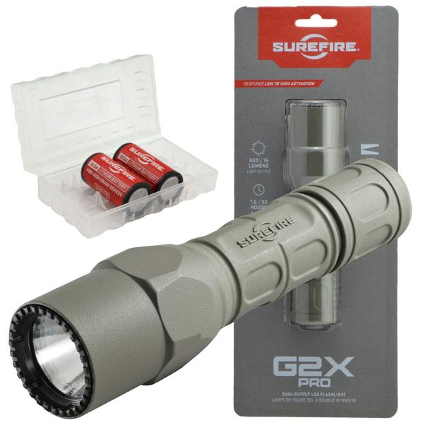 SureFire G2X Pro 600 Lumen Tactical EDC Flashlight Bundle with 2 Extra CR123A Batteries and Lightjunction Battery Case (Green)