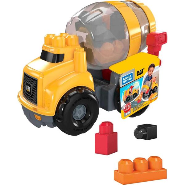 MEGA BLOKS Cat Toddler Blocks Building Toy Set, Cement Mixer Truck with 9 Pieces and Storage, Yellow, Ages 1+ Years