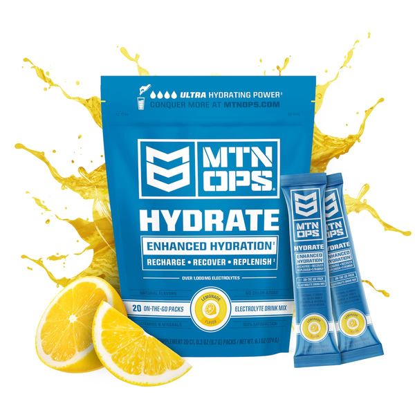 MTN OPS Hydrate Electrolyte Powder - Electrolyte Drink Mix, 20 Single-Serving On-The-Go Packs with Over 1000mg of Electrolytes per Serving, Lemonade Flavor