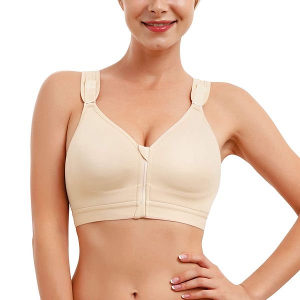 CYDREAM Women Post-Surgical Bra Zip Front Post Surgery Sports Bras Racerback Support Wireless Adjustable Straps (2XL, Beige)