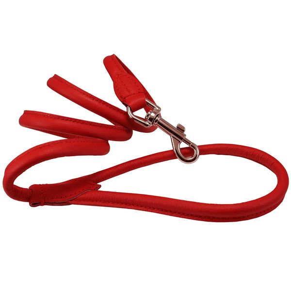 Dogs My Love 4ft Long Round Genuine Rolled Leather Dog Leash Red (Small: 3/8" (8mm))