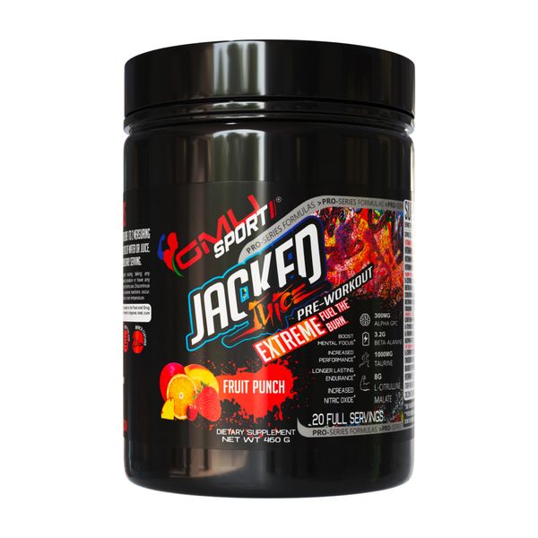 GMU SPORT Jacked Juice Extreme Pre Workout Powder-40 Servings of a Science-Based Formula That Drives Pumps, Extends Endurance, Focus/Citrulline, Beta Alanine/Alpha GPC/Crash Free/Fruit Punch