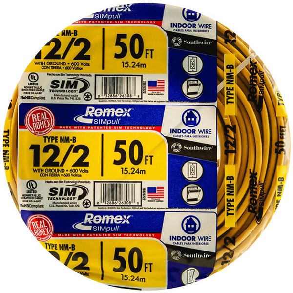 Southwire 28828222 50' 12/2 with Ground Romex Brand SIMpull Residential Indoor Electrical Wire Type NM-B, Yellow, 50 Feet, Ft