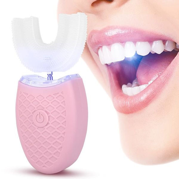 Electric Toothbrush - U Shaped Sonic Toothbrush Adult Ultrasonic Toothbrushes Automatic Cleaning Toothbrush Oral Care Tool (Pink)