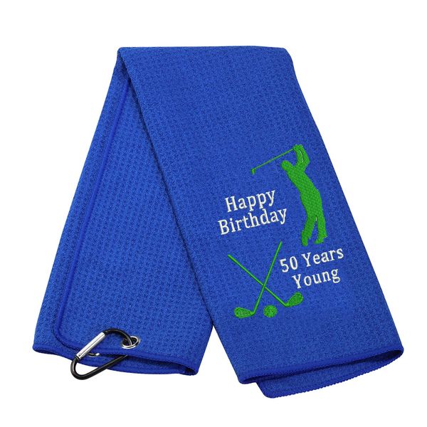 Happy Birthday Novelty Golf Towel Golf Gifts for Men Women Funny Golf Theme Birthday Golf Towel 40th 50th 60th Birthday Gift for Golfer Dad Mom Boss and Coworkers(50th), Blue, 14.96inchesx25.98inches