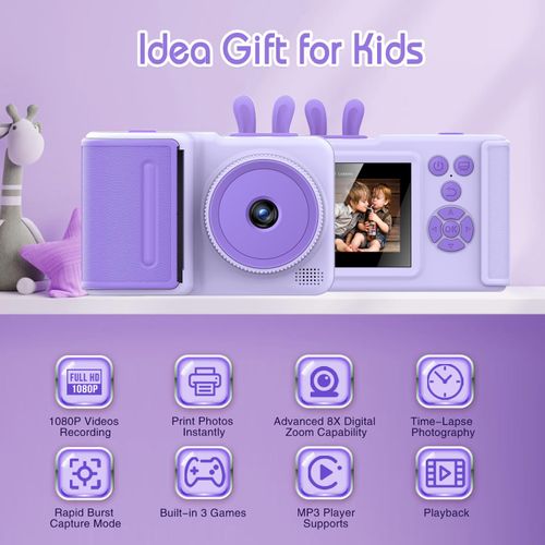 Kids Instant Print Camera,1080P Videos Digital Camera for Kids, Toddler Camera for Christmas Birthday Toy Gifts for Girls/Boys Age 3-12, Portable Kids Camera for 3 4 5 6 7 8 9 10 with SD Card (Purple)